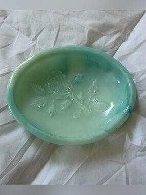 Vintage Floral Embossed Aqua Glass Dish Avon